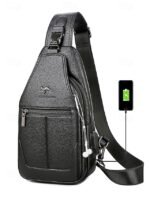 Men's Faux Leather Sling Chest Bag with USB Charging Port,