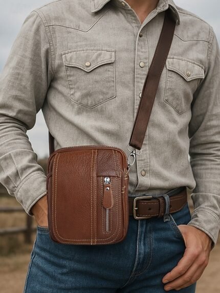 Men's genuine leather messenger bag with zipper pocket,