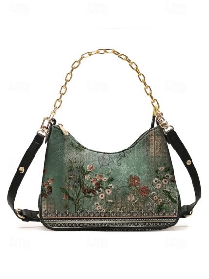 Women's Vintage Floral Print Shoulder Bag with Gold Chain