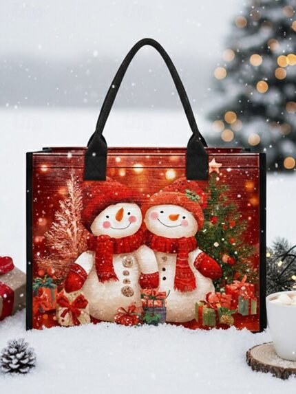 Women's Christmas Snowman Print Tote Bag, Large Capacity